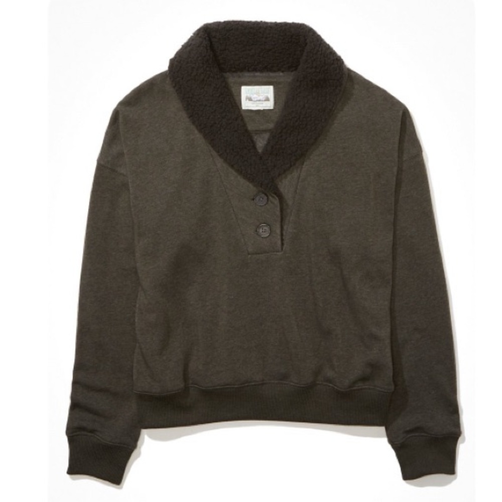 American Eagle Sherpa Collar Henley Sweatshirt Haze Gray